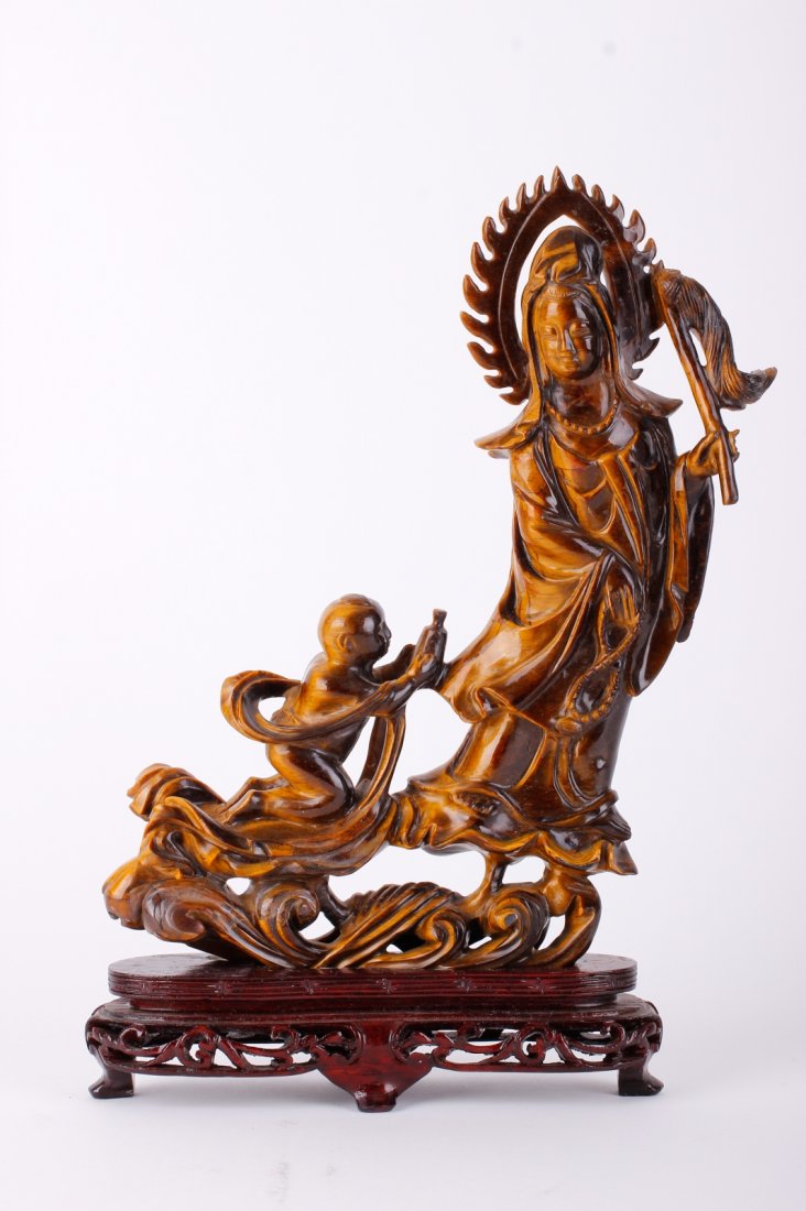 Chinese Tiger Eye Carved a Guanyin & a ho ho Boy (1 of 4)