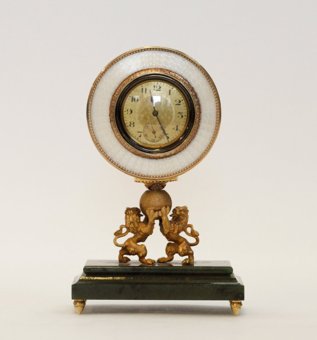 Russian Silver Clock Inlaid Enamel & Jade Stand (1 of 9)