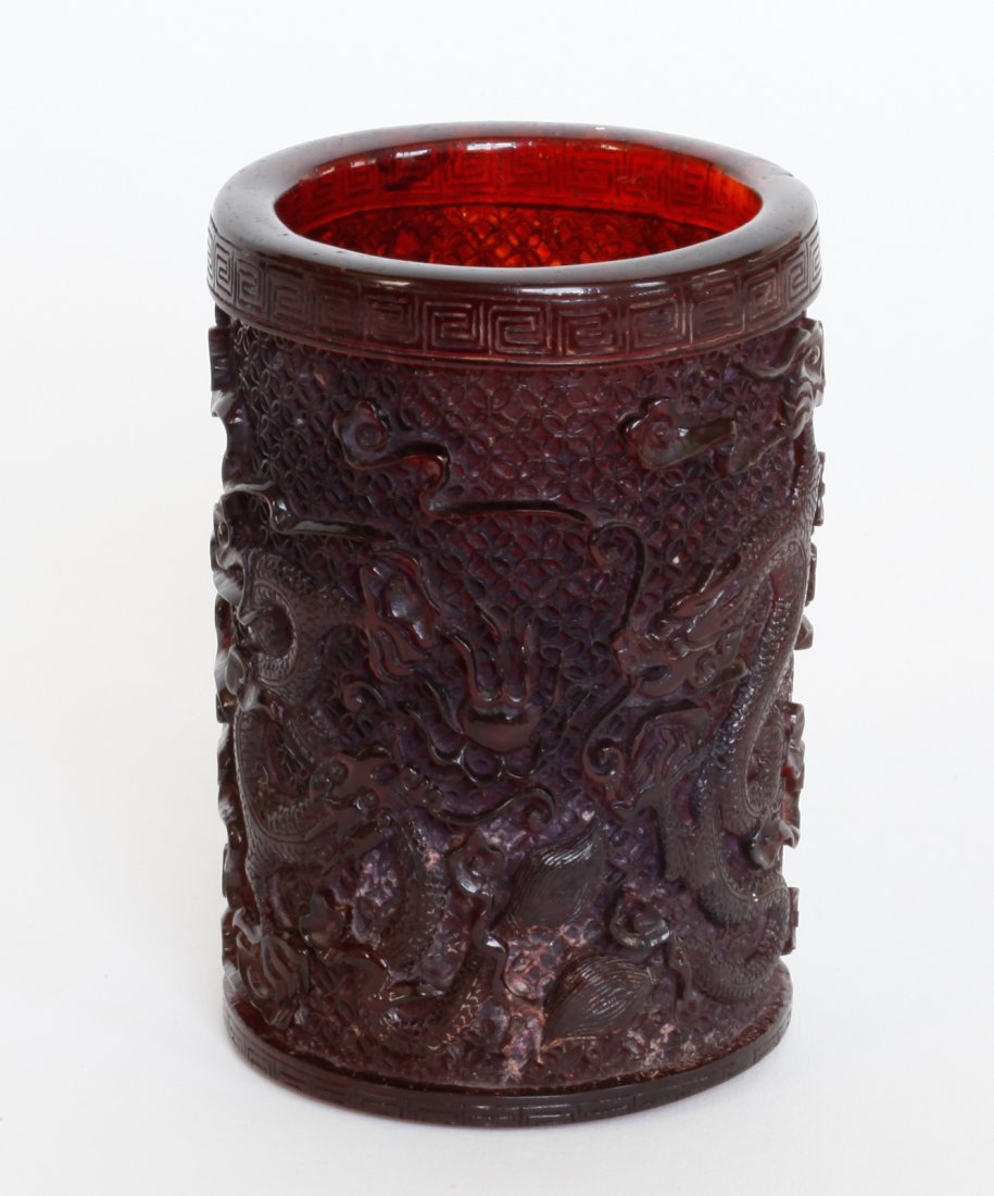 Chinese Red Glass Carving Brush Pot (1 of 5)