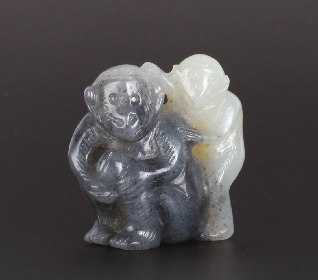 Qing Dynasty Black & White Jade Carved Monkeys (1 of 5)