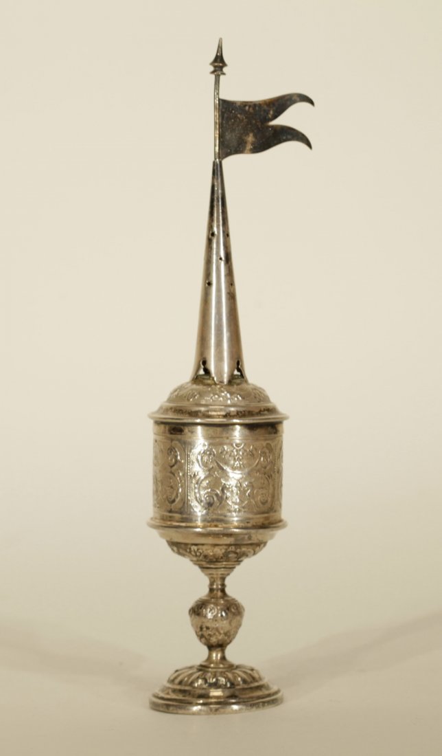 Jewish Spice Tower: Jewish Spice Tower, made by WMF(Wurtemburgische metallwaren Fabrik), a Company in Germany in ht elate 19th C; Marked on base; Midsection Opens up to reveal a bell, pierced spire and pennant, domed cir