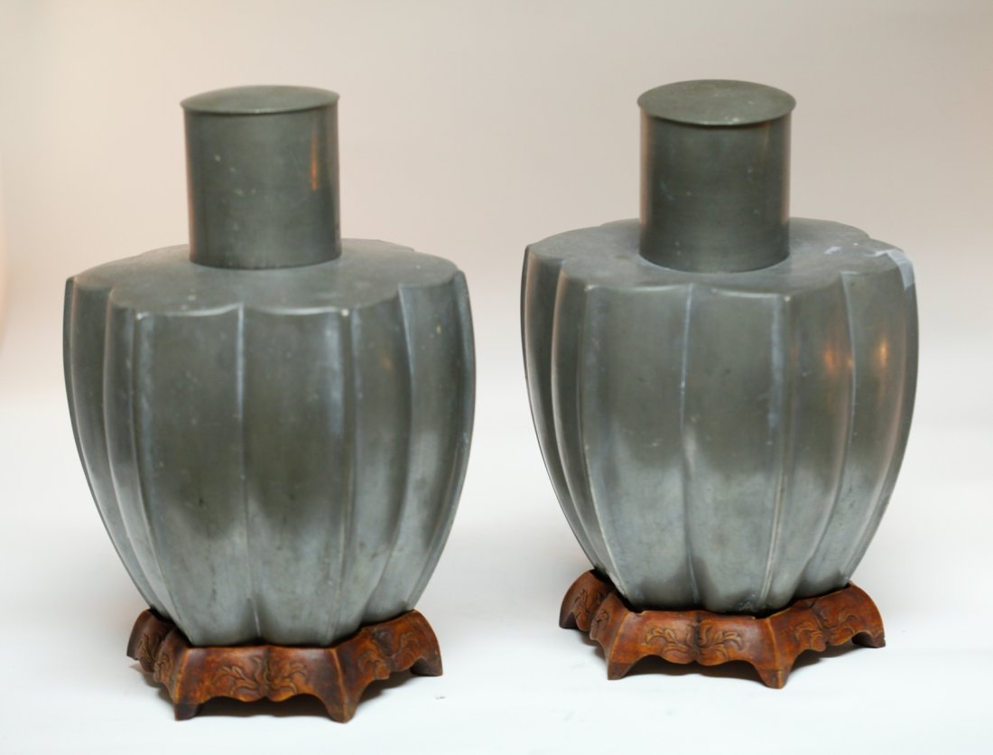 Pair of Chinese Pewter Tea Jar w/ Wood Base (1 of 4)