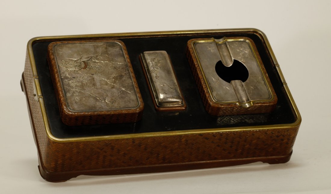 Antique Japanese Smoking Set Basket w/ Silver (1 of 4)