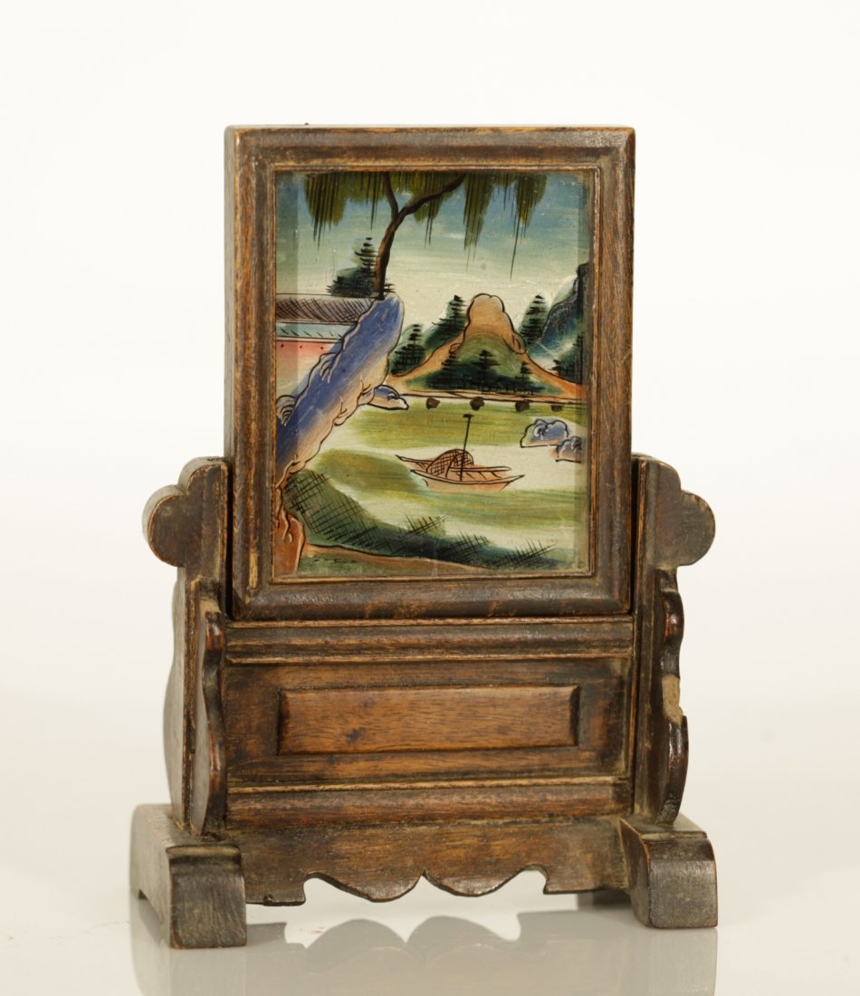 A Chinese Wood Mirror Screen: A Chinese Wood Mirror Screen_x000D_ Condition: good overall_x000D_ Dimension: 5 3/4 by 4 1/4 inches (overall)
