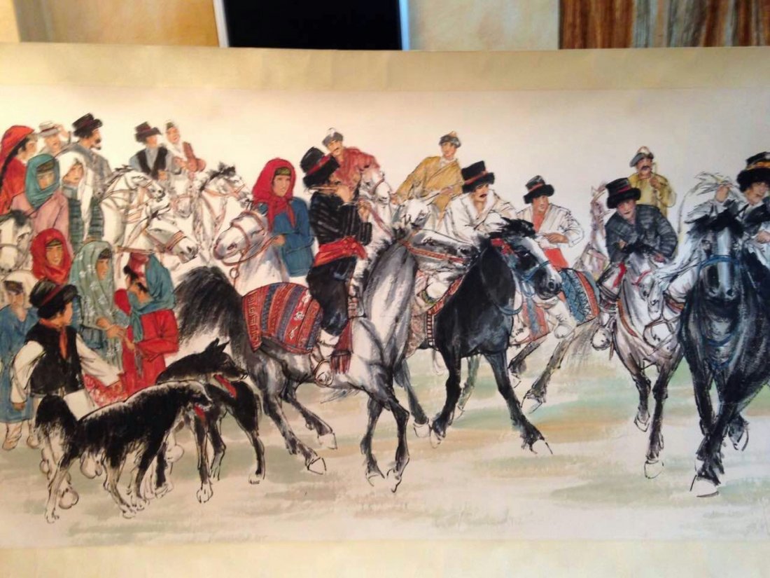 Chinese Ink/Color Painting on Paper, Signed: Chinese Ink/Color Painting on Paper, "Huang,Zhou"_x000D_ Condition: very good _x000D_ Dimension: 120 by 35 inches