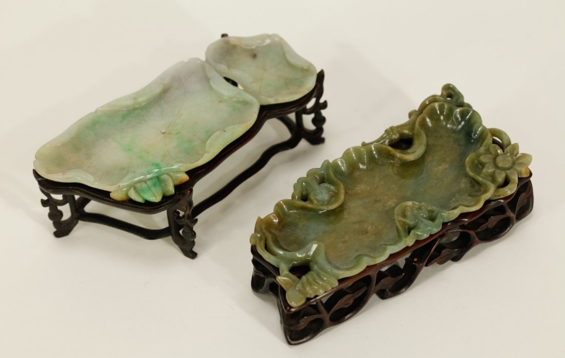 Pair of Rare Chinese Jadeite Brush Washers w/wood (1 of 8)