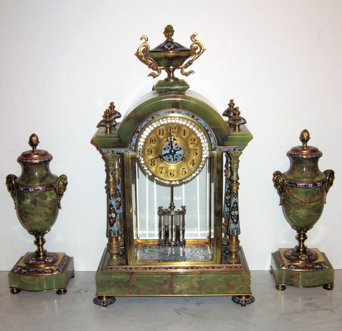 Beautiful 19C French Gilt Bronze Enamel Clock Set (1 of 6)