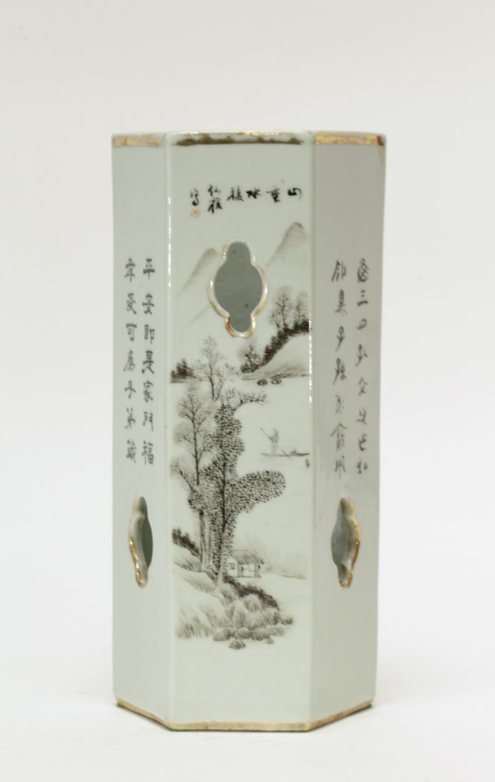 Chinese Porcelain Hat Stand Landscape: Chinese Porcelain Hat Stand Landscape Condition: very good Dimension: 11 inches height