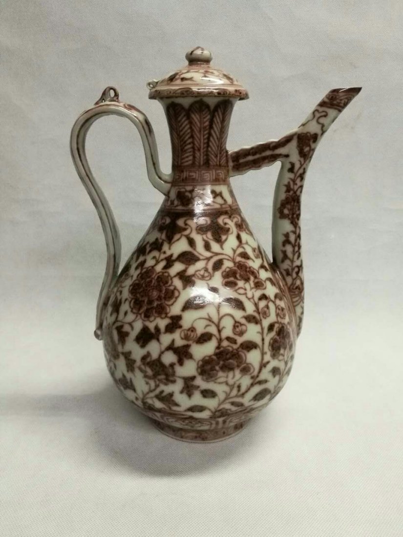 Chinese Copper Red Porcelain Wine Pot: Chinese Copper Red Porcelain Wine Pot Condition: good overall Dimension: 33.6cm height by 21cm length