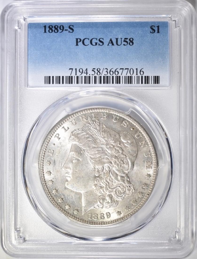 1889-S MORGAN DOLLAR, PCGS AU-58: LOW COST FLAT RATE U.S. SHIPPING PER AUCTION ESTIMATE $225 - $250.