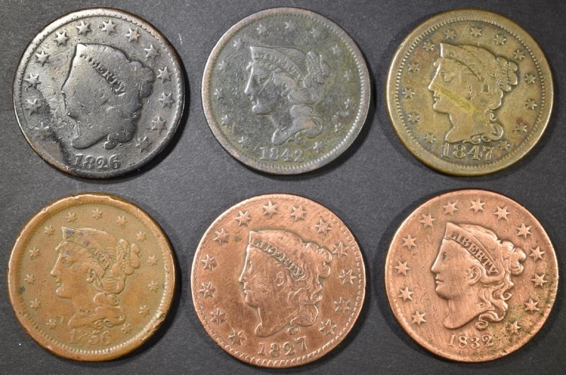 6 LARGE CENTS 1826 AG, 42 & 47 VF, 27 & 32 VG CL, (1 of 2)