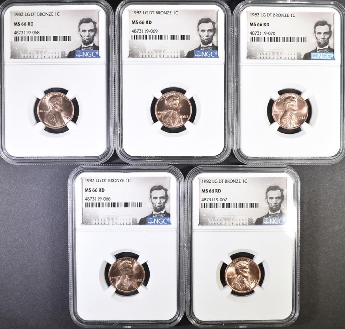 5-1982 LARGE DATE BRONZE LINCOLN CENTS NGC MS66 RD: NGC PRICE GUIDE=$120 EACH ESTIMATE $550 - $600.