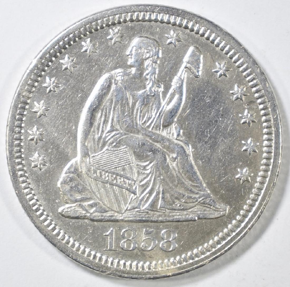 1858 SEATED LIBERTY QUARTER  AU/BU (1 of 2)