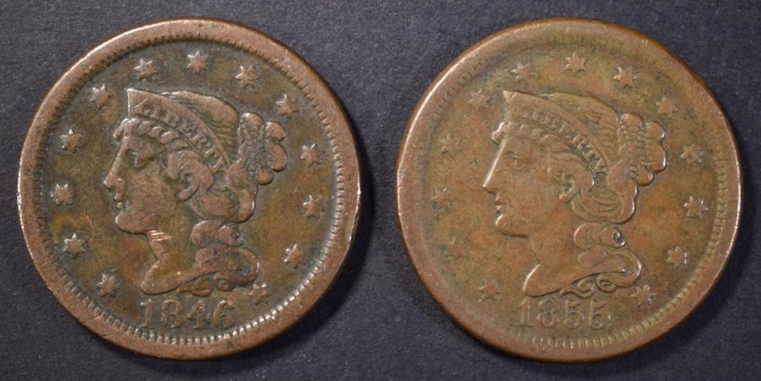 1846 & 55 LARGE CENTS, VF/XF: CHECK OUT OUR UPCOMING ONLINE COIN AUCTIONS ESTIMATE $60 - $65.