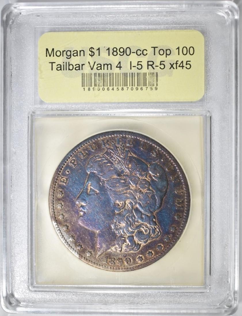 1890-CC TAILBAR MORGAN DOLLAR USCG XF/AU: BID WITH SILVER CITY AUCTIONS. ESTIMATE $400 - $450.