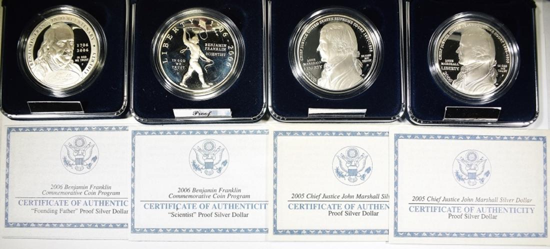 PROOF COMMEM SILVER DOLLARS: 2-2005 JOHN MARSHALL & 2006 BEN FRANKLIN SCIENTIST & FOUNDING FATHER IN ORIG PACKAGING ESTIMATE $120 - $140.