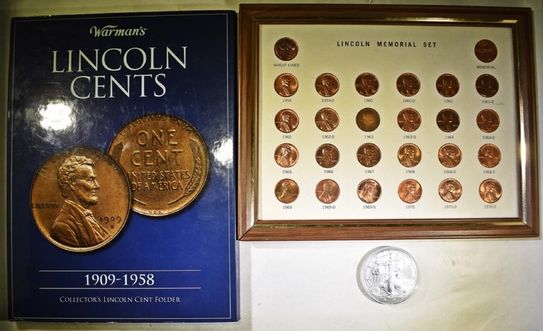 AMERICAN LOT: 2017 AMERICAN SILVER EAGLE IN CAPSU: 1908-1958 LINCOLN PENNY COLLECTION IN WARMAN FOLDER-INCLUDES 92 COINS & FRAMED 1959-1970 LINCOLN MEMORIAL SET.