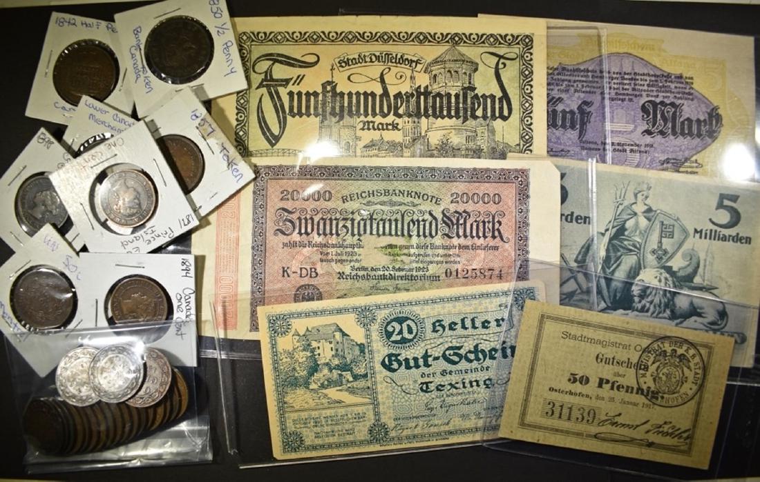 MIXED FOREIGN LOT COINS & CURRENCY: CANADA LARGE CENT, HALF CENT, TOKENS, & FOREIGN CURRENCY. BID WITH SILVER CITY AUCTIONS. ESTIMATE $50 - $75.