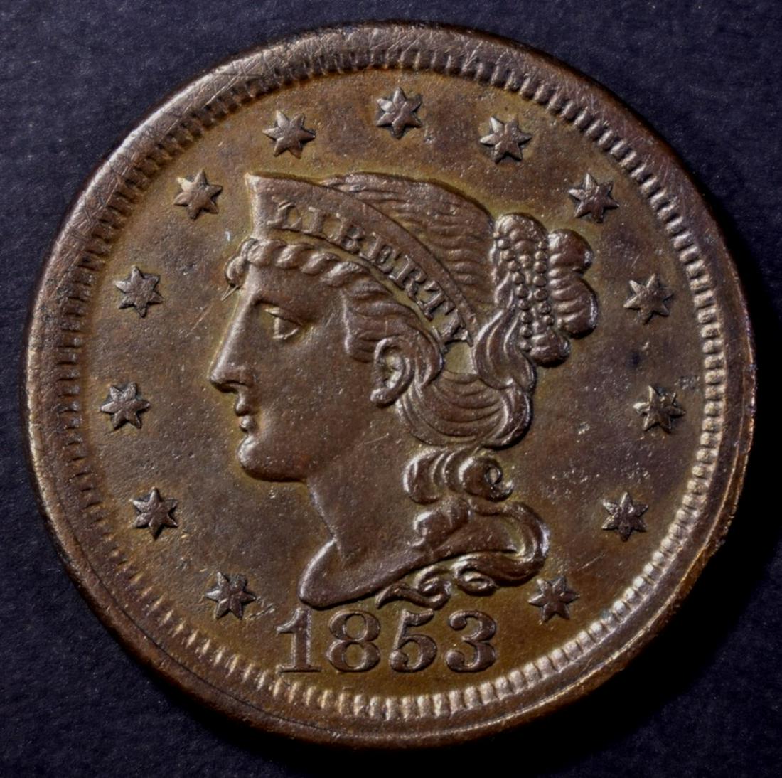 1853 LARGE CENT, AU: CHECK OUT OUR UPCOMING ONLINE COIN AUCTIONS ESTIMATE $120 - $140.