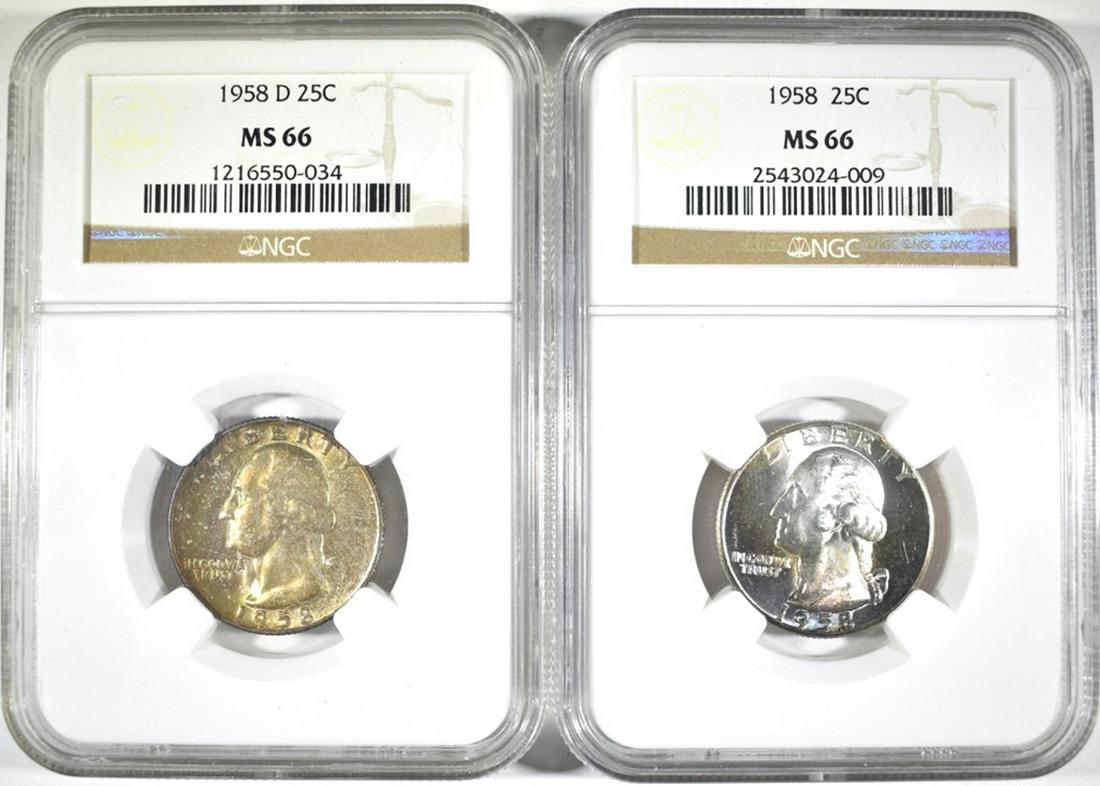 1958 P&D WASHINGTON QUARTERS, NGC MS-66 COLOR (1 of 2)