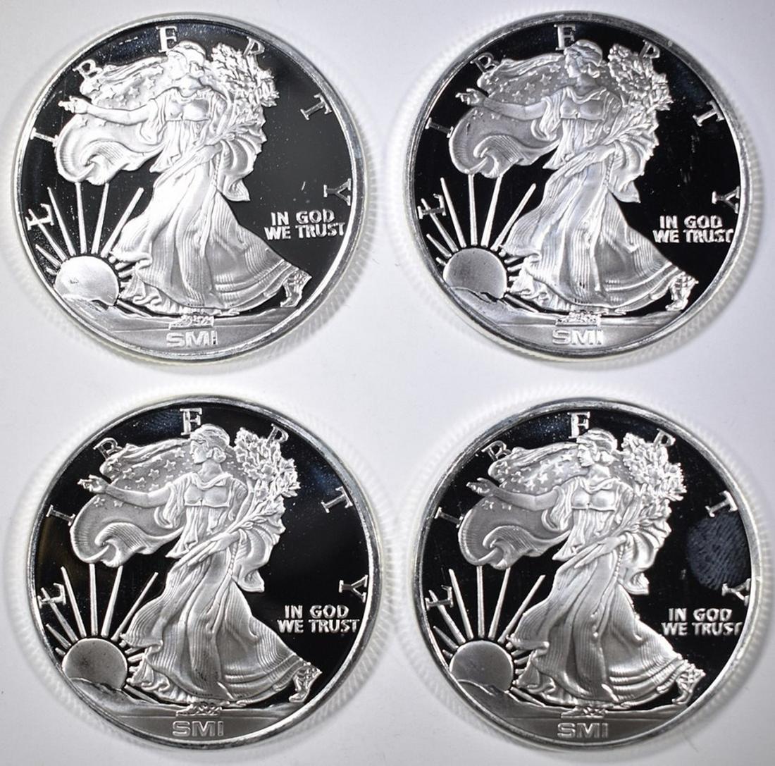 4 1 OZ .999 SILVER "WALKING LIBERTY" SMI ROUNDS: CHECK OUT OUR UPCOMING AUCTIONS. ESTIMATE 75 - $100