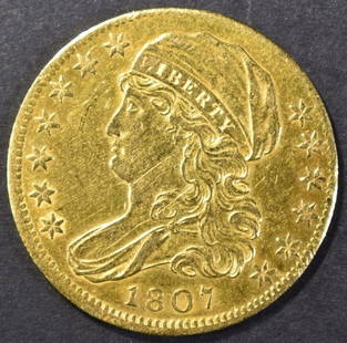 1807 CAPPED BUST $5.00 GOLD  AU/BU: TOP RATED AUCTION HOUSE ESTIMATE $9000 - $10000.