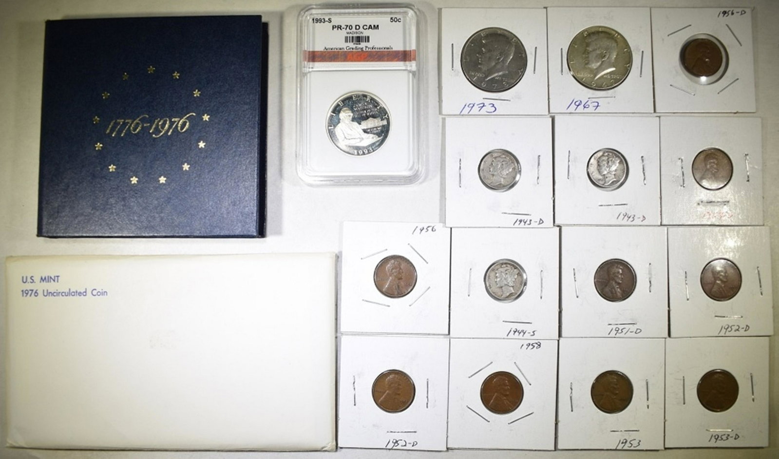 MIXED COIN LOT:: 9 WHEAT CENTS(1951-1959), 3 MERCURY DIMES (1943-D, 1944-S), KENNEDY HALF DOLLARS (1967 & 76), US MINT 1976 UNC COIN SET, 1993-S MADISON COMMEM HALF DOLLAR AGP PERFECT GEM DCAM & BCENTENNIAL SILVER PRO