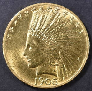 1908 $10 INDIAN W/MOTTO CH BU: TOP RATED AUCTION HOUSE ESTIMATE $1400 - $1600.