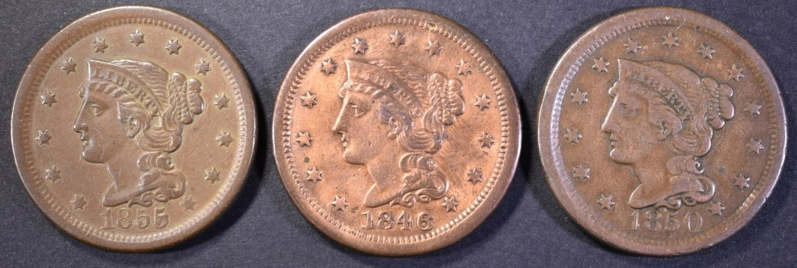 (3) LARGE CENTS  1855 XF, 1850 VF & 1846 VF/XF (1 of 2)
