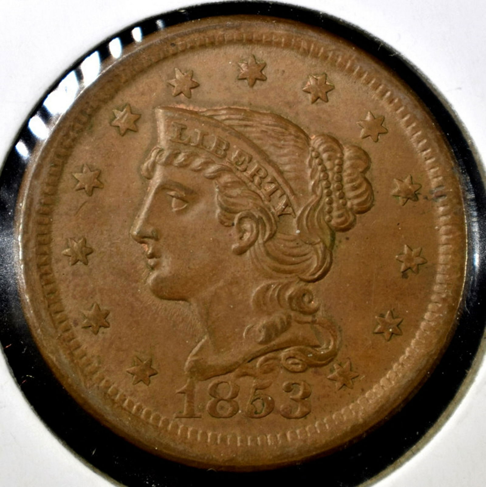1853 LARGE CENT, AU: LOW COST FLAT RATE U.S. SHIPPING ESTIMATE $125 - $150.