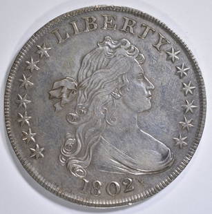 1802 BUST DOLLAR XF: WEEKLY COIN & CURRENCY AUCTIONS. ESTIMATE $3500 - $4000.