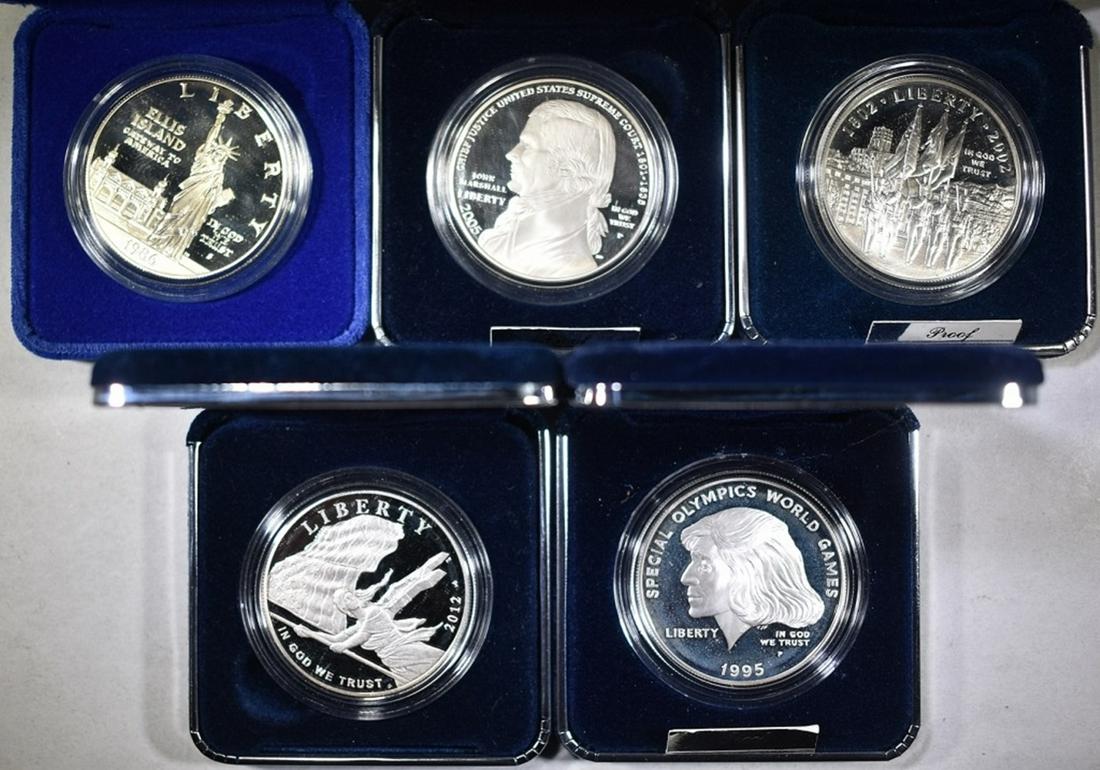 5-Pf COMMEM SILVER DOLLARS COINS & INNER BOXES: 1986 STATUE OF LIBERTY, 2002 WEST POINT, 1995 SPECIAL OLYMPICS, 2005 JOHN MARSHALL & 2012 STAR SPANGLED BANNER ESTIMATE $130 - $150.