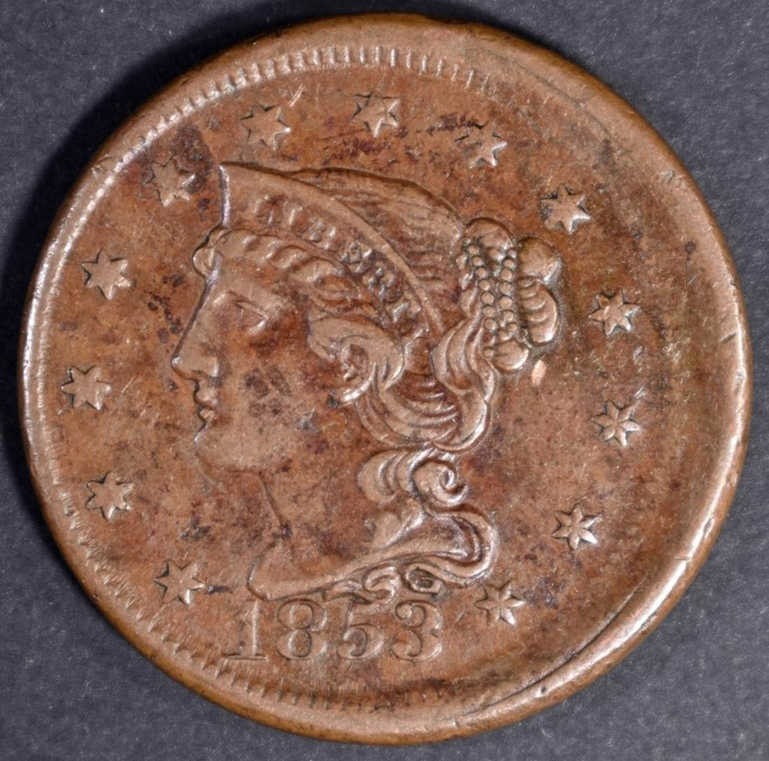 1853 LARGE CENT XF/AU: OFF-CENTER ESTIMATE $300 - $400.