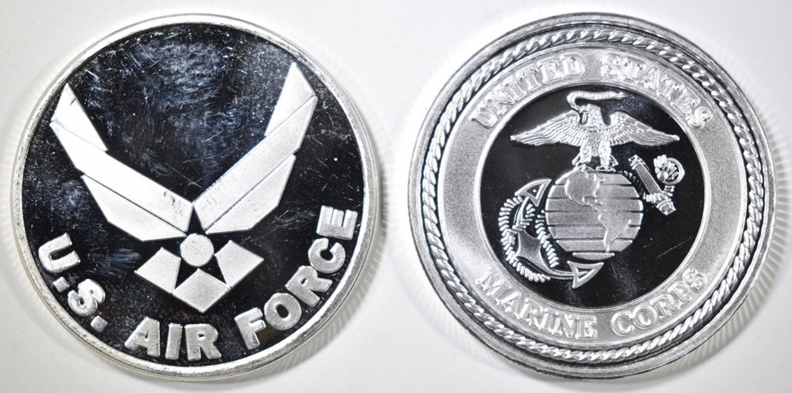 AIR FORCE & MARINES ONE OUNCE .999 SILVER ROUNDS: LOW COST FLAT RATE SHIPPING TO CONTINENTAL U.S. ESTIMATE $75 - $85.