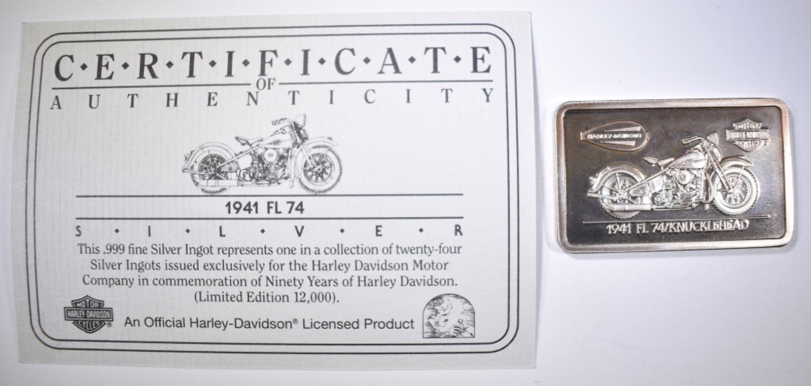 1941 FL 74/KNUCKLEHEAD: BAR IS FROM THE HARLEY DAVIDSON 90th ANNIVERSARY SET APPROX. 1.4oz .999 SILVER WITH CERTIFICATE ESTIMATE $75 - $85.