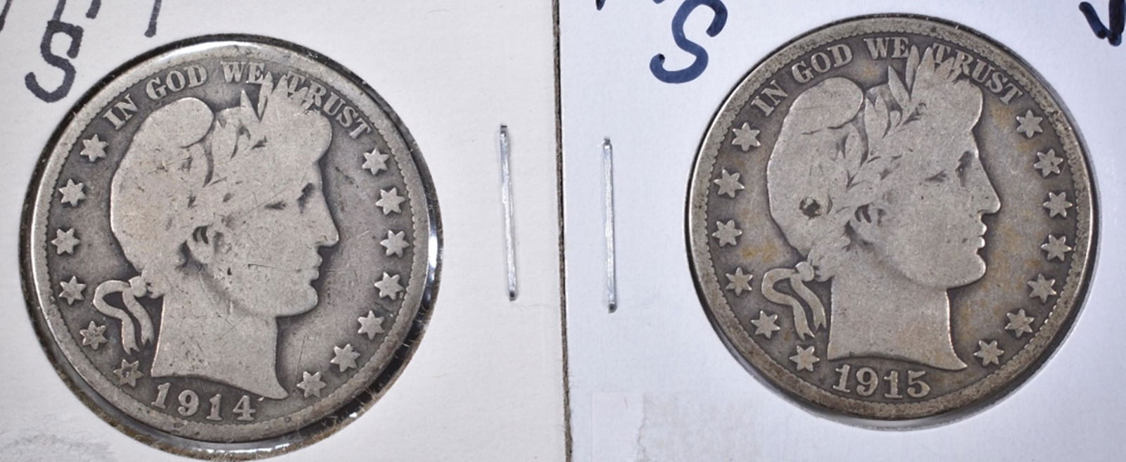 1914-S & 15-S BARBER HALF DOLLARS: WE SHIP WITHIN 48 HOURS OF PAYMENT ESTIMATE $50 - $60.