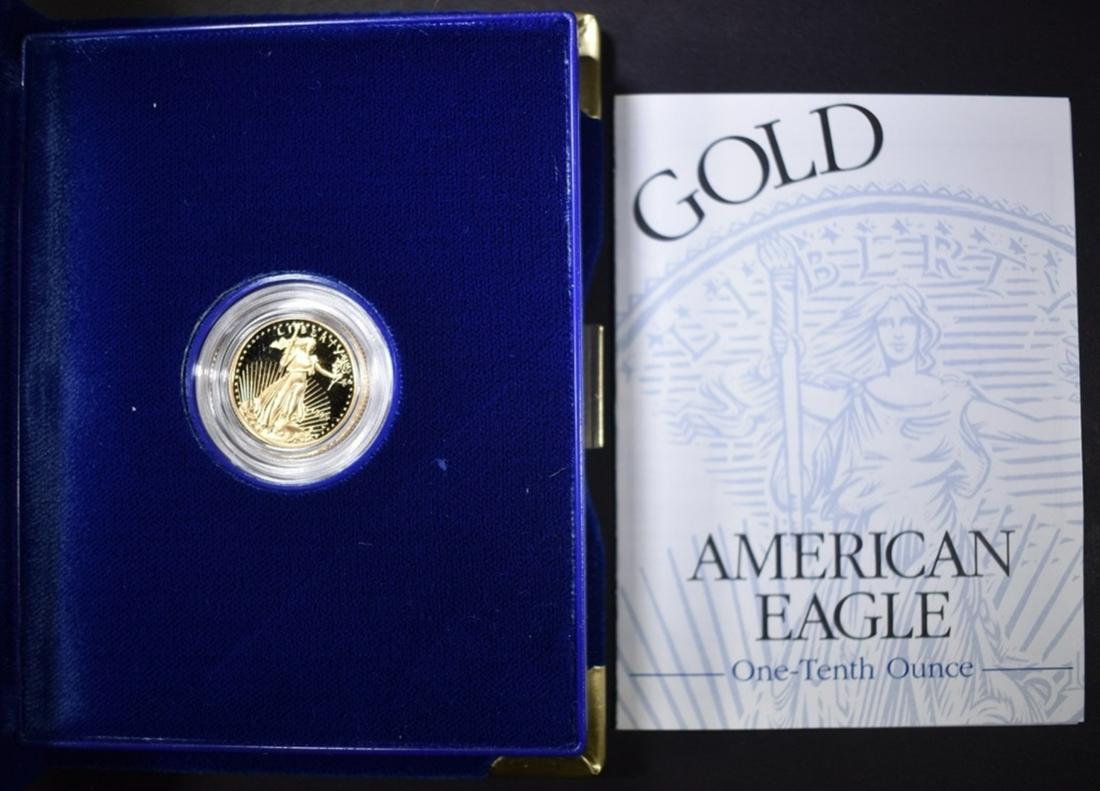1995 1/10th OUNCE PROOF GOLD AMERICAN EAGLE: ORIG BOX AND COA ESTIMATE $200 - $225.