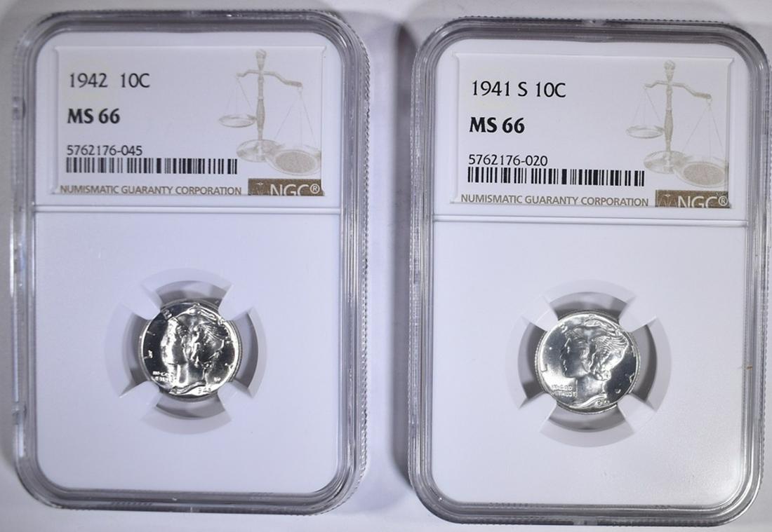 1941-S & 42 MERCURY DIMES, NGC MS-66: LOW COST FLAT RATE SHIPPING TO CONTINENTAL U.S. ESTIMATE $80 - $100.
