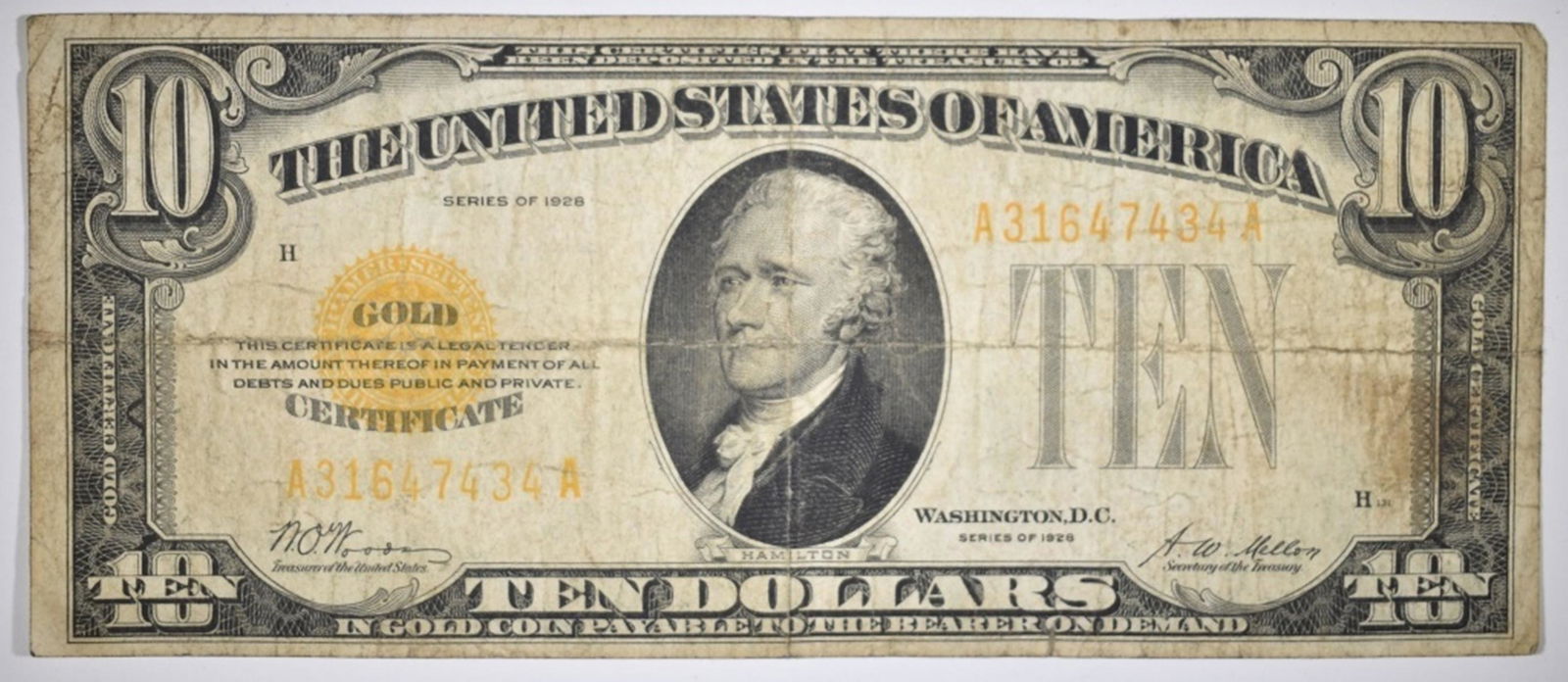 1928 $10.00 U.S. GOLD CERTIFICATE, CIRC (1 of 2)