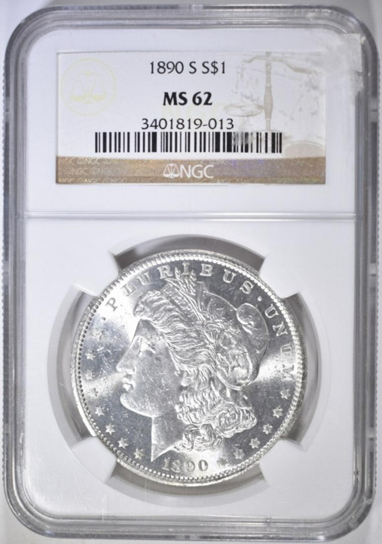 1890-S MORGAN DOLLAR NGC MS-62: BID WITH SILVER CITY AUCTIONS. ESTIMATE $100 - $125.