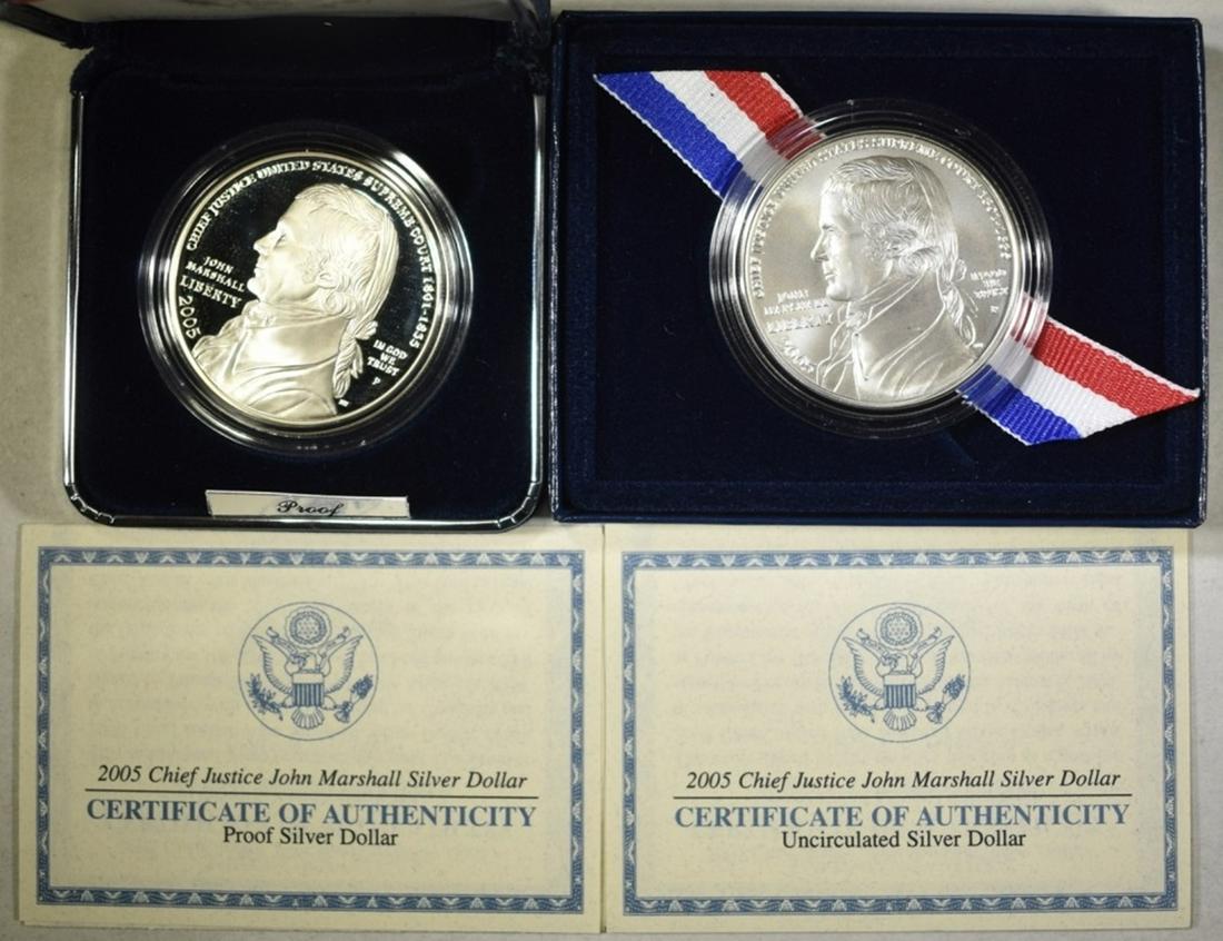 2-2005 JOHN MARSHALL SILVER DOLLARS: 1-PROOF 1-UNCIRCULATED IN ORIG PACKAGING ESTIMATE $65 - $80.