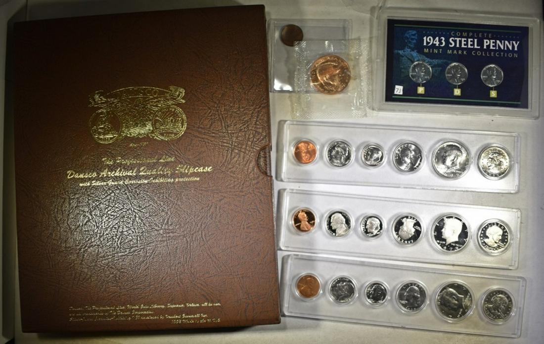 COLLECTORS LOT:: DANSCO ALBUM OF WASHINGTON STATE COMMEM QUARTERS, 2-1979 MINT & 1-1979 PROOF SETS IN PLASTIC HOLDERS, COMPLETE 1943 STEEL PENNY MINT MARK COLLECTION, 1909 INDIAN CENT AND RONALD REAGAN TOEKN. ESTIMATE