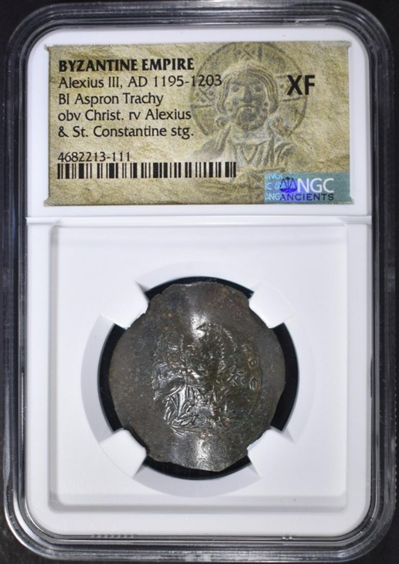 1195-1203 AD ASPRON TRACHY BYZANTINE EMPIRE: NGC XF. ALEXIUS III. ESTIMATE $95 - $120.