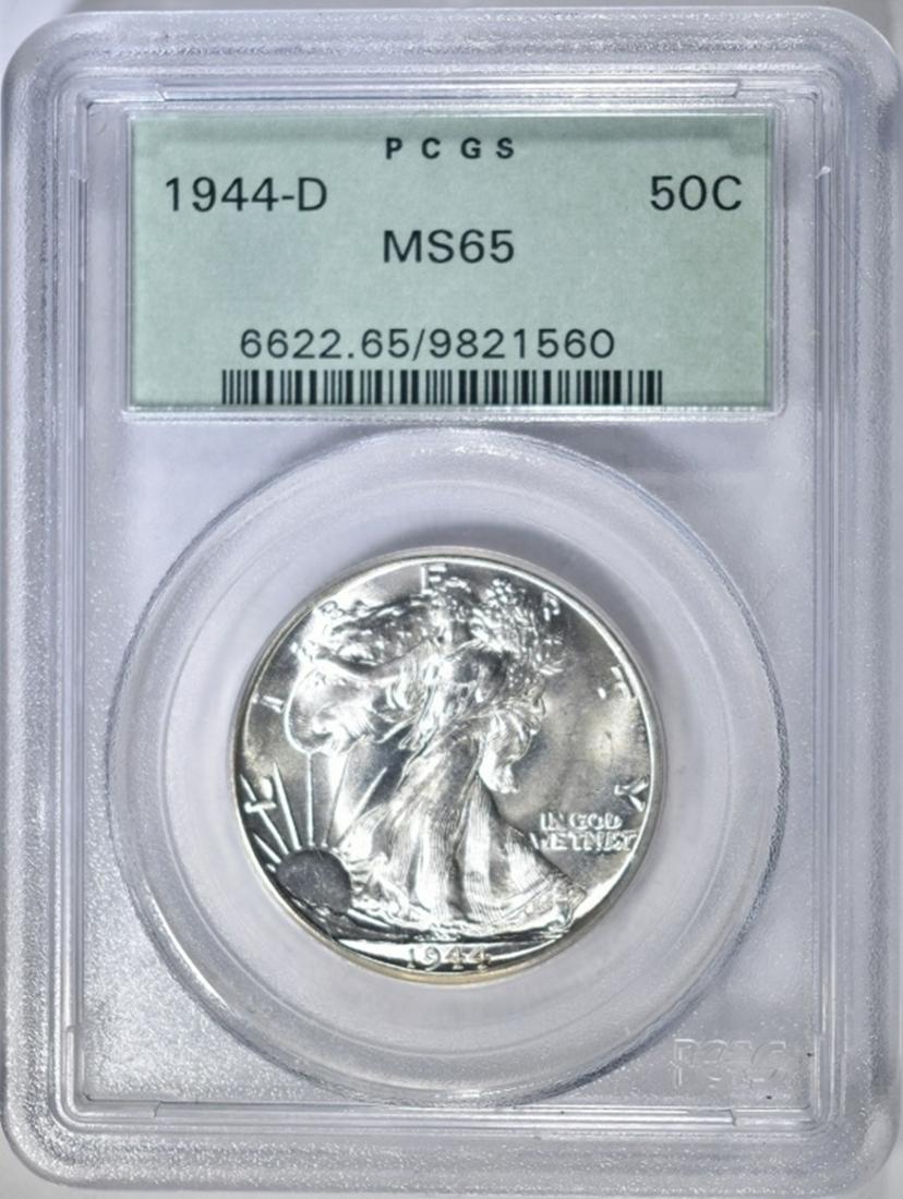 1944-D WALKING LIBERTY HALF DOLLAR PCGS MS-65: OLD GREEN HOLDER. ESTIMATE $100 - $125.