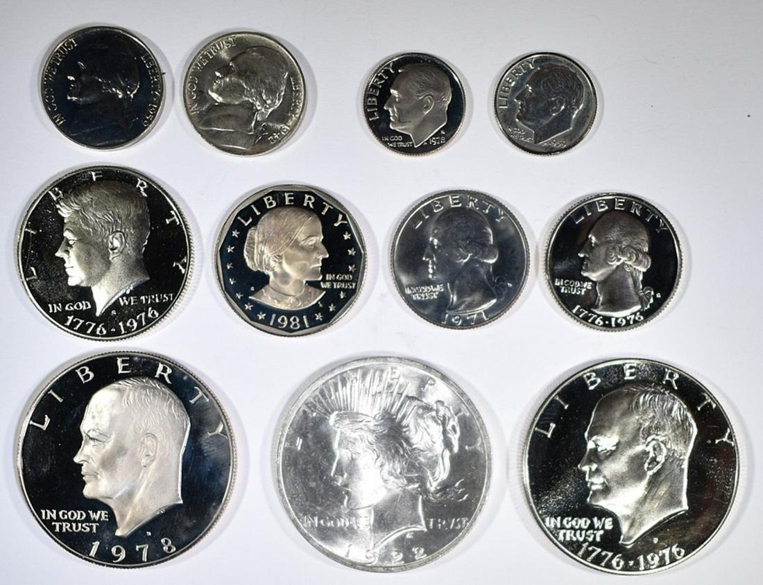 MIXED TYPE COIN LOT 11 COINS: 1942-P SILVER JEFFERSON NICKEL BU, 1959 PROOF NICKEL, 1959 & 78-S PROOF DIMES, 1971 QUARTER GEM BU, 1976 PROOF SILVER QUARTER, HALF, DOLLAR, 1978-S PROOF DOLLAR, 1981-S PROOF DOLLAR, 1922 PEACE DOLLAR
