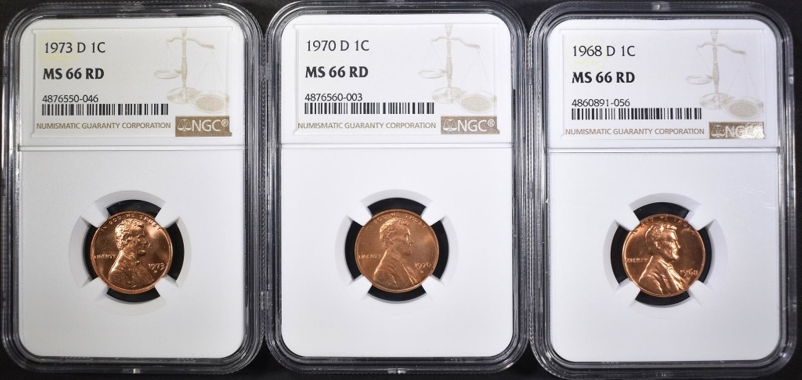 1968-D, 70-D & 73-D LINCOLN CENTS, NGC MS-66 RED (1 of 2)