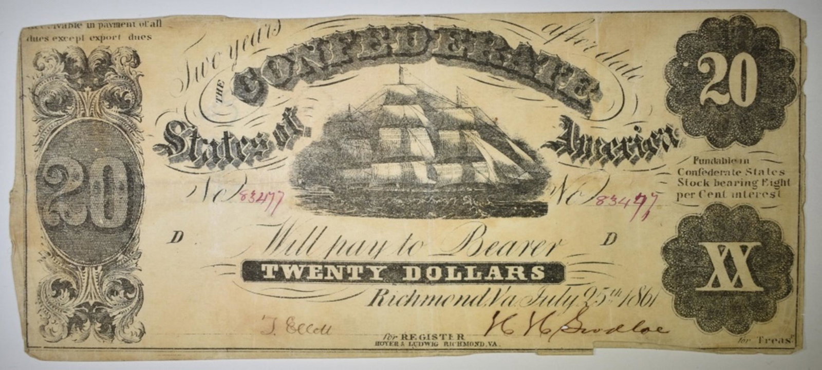 1861 $20 CONFEDERATE NOTE: WEEKLY COIN & CURRENCY AUCTIONS. ESTIMATE $200 - $300.