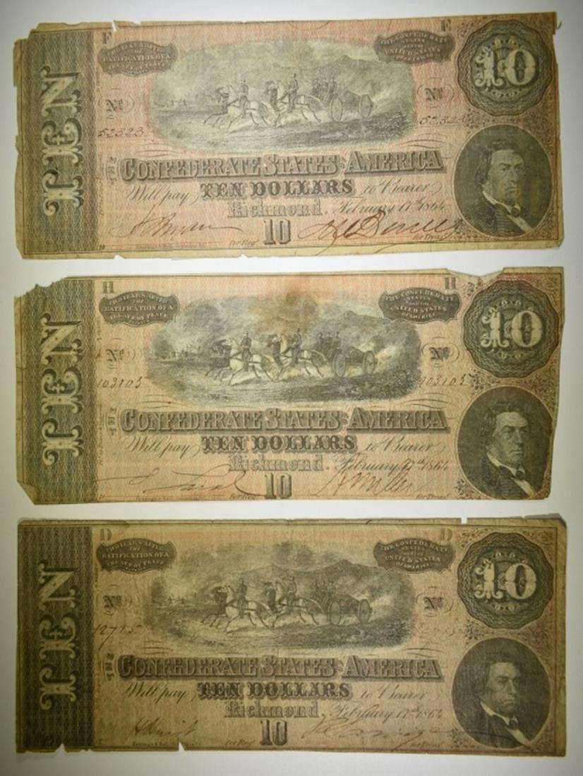 3 1864 $10 CONFEDERATE NOTES: LOW COST FLAT RATE SHIPPING. ESTIMATE $100 - $125.
