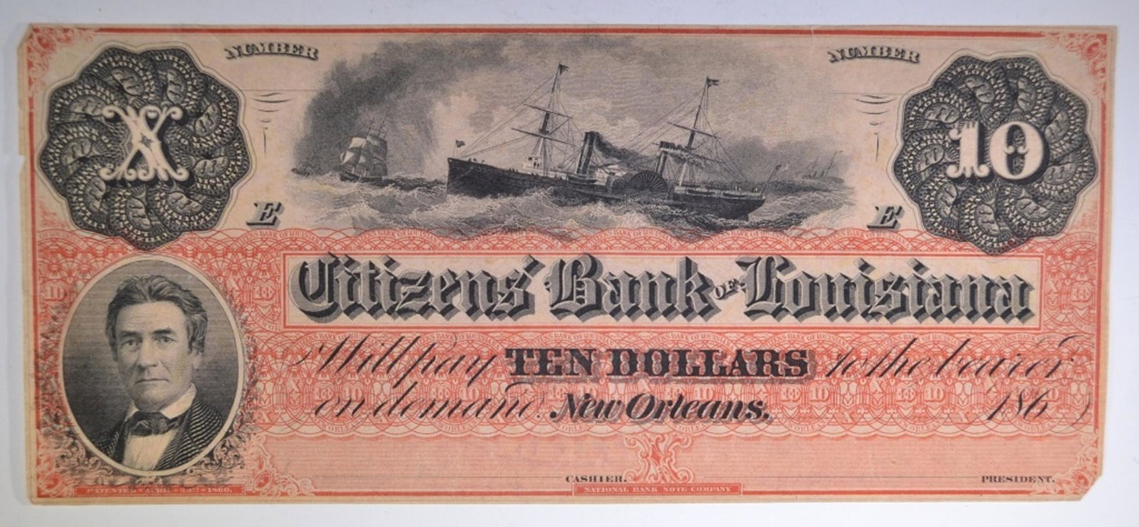 186- $10 CITIZENS BANK OF LOUISIANA "DIX" NOTE CU: LOW COST FLAT RATE SHIPPING ESTIMATE $500 - $600.