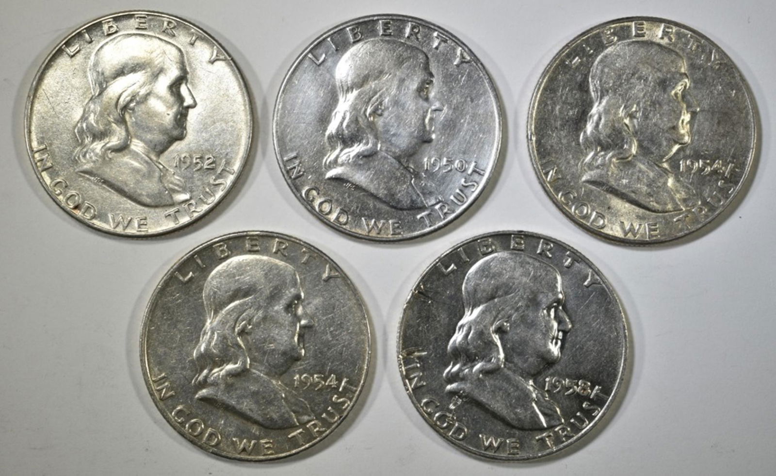 5 CIRC FRANKLIN HALF DOLLARS:: 1950, 1952, 1954, 1954-D & 1958-D ESTIMATE $90-$100